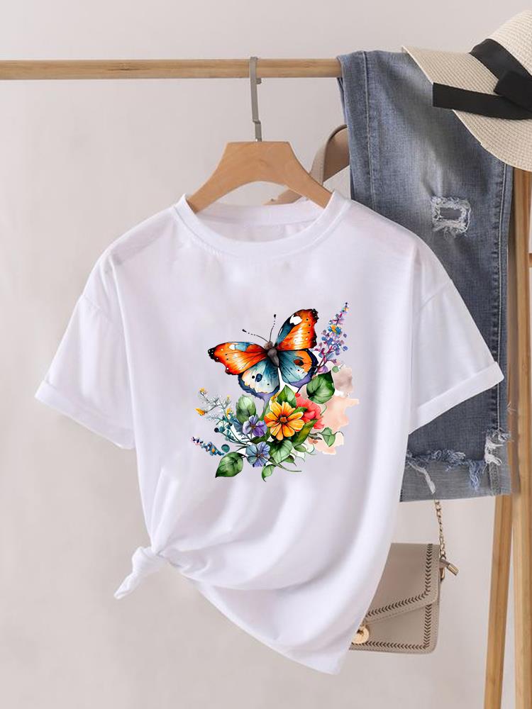 (Asian Size) Tee Top Women Sweet Flower Trend 90s Clothing Casual Short Sleeve T Shirt Fashion Print Lady Female Graphic T-shirts