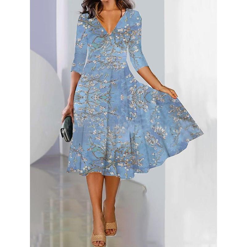 Women Spring Summer Flower Pattern Print V-Neck High Waist Casual Dresses
