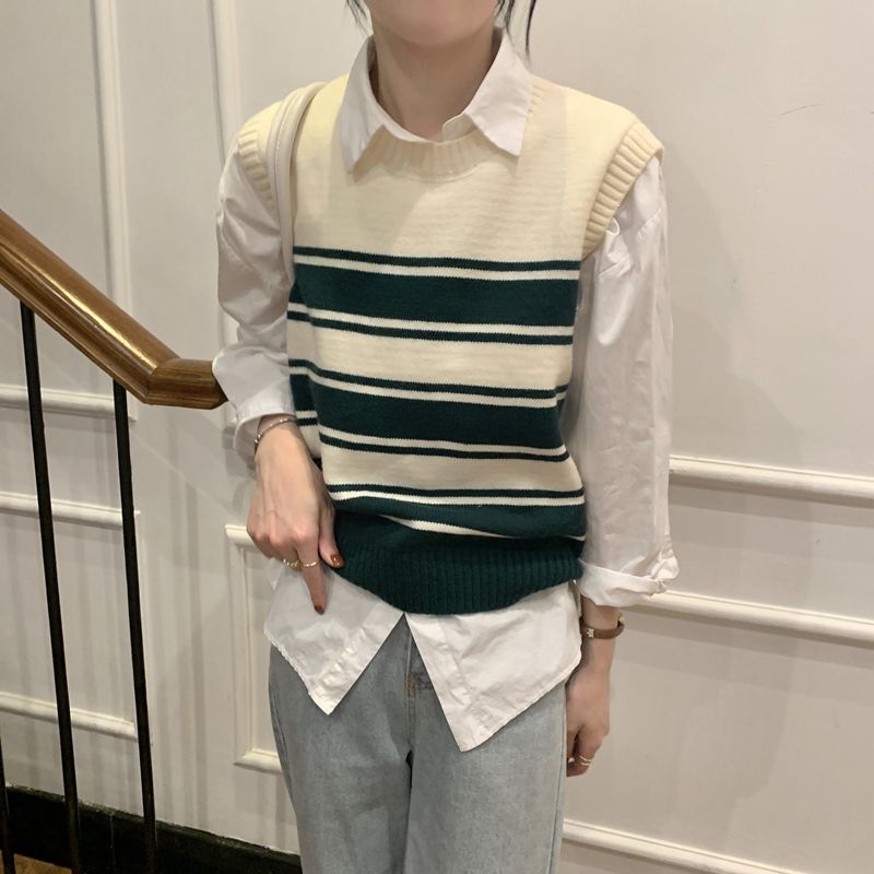 Sweater Vest Autumn and Winter Korean Edition Contrast Stripe Inner Knitted Vest Female Sleeveless Sweater Pullover Female Top