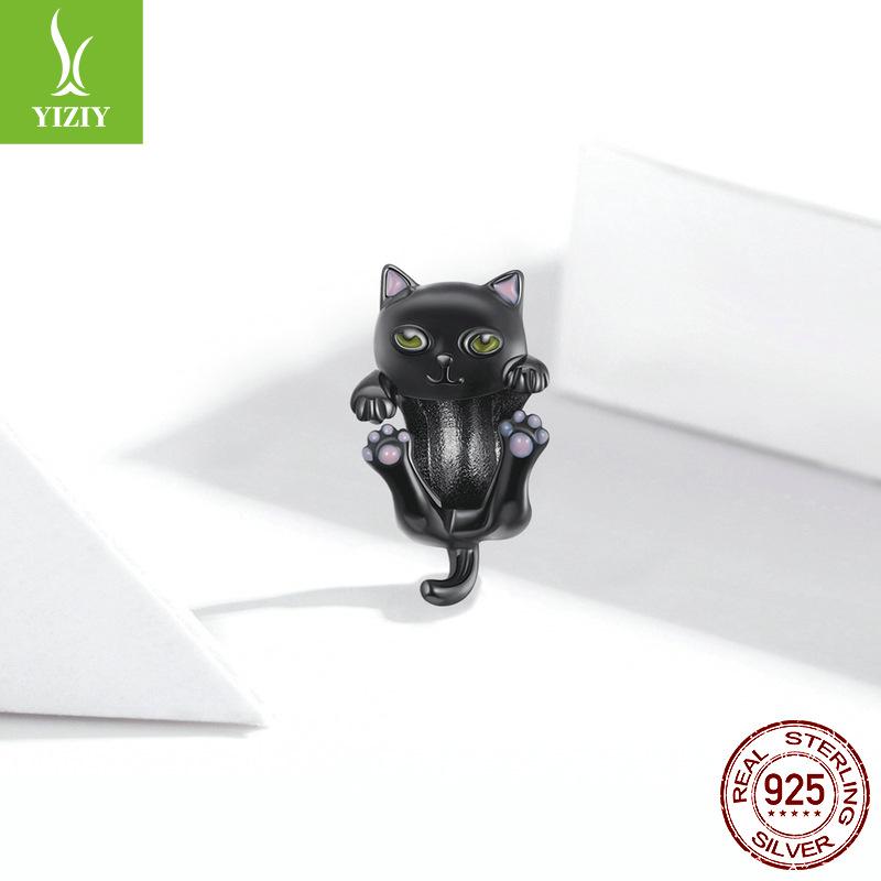 Черный Позолоченный Кот Браслет Сделай Сам Из Бусин, Милый Черный Кот Бусины из Стерлингового Серебра S925 Свободные Бусины