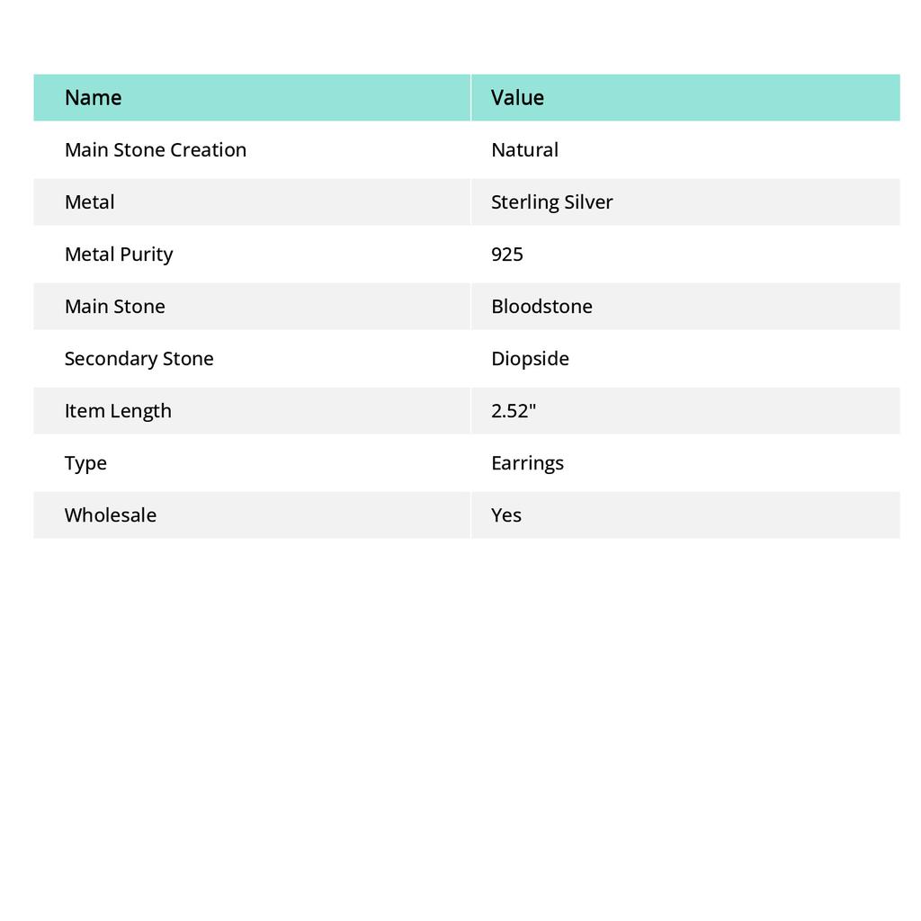 Серьги из стерлингового серебра 925 пробы с натуральным кровавым камнем и диопсидом, 2,52 дюйма, j5R36