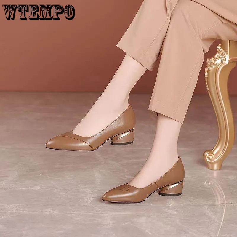 WTEMPO Women's Spring and Autumn Single Shoes Solid Color Pointed Toe Middle Thick Heel Rubber Anti-slip Sole Soft Leather Shoes Comfortable Versatile