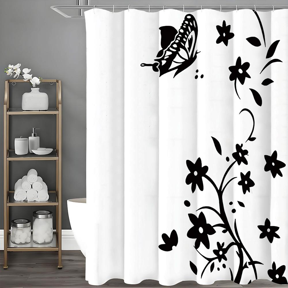 Black and White Floral Butterfly Shower Curtain, Bathroom Decorative Shower Curtain, Waterproof Shower Curtain with Hooks
