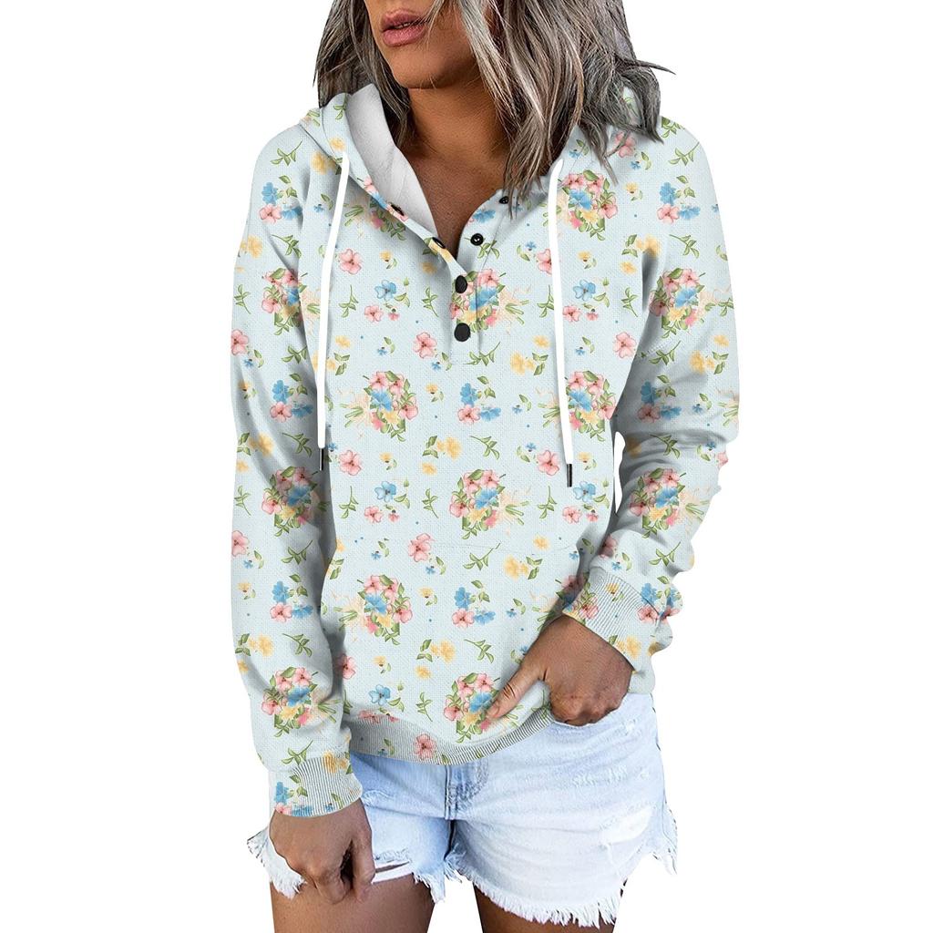 Women's Fashion Slim Fit Long Sleeve Floral Print Hooded Sweatshirt Top