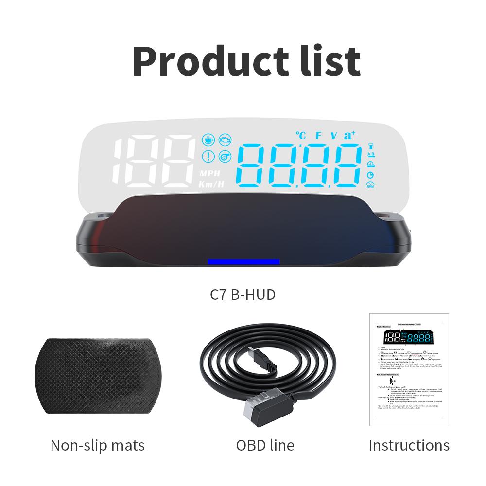Car Head-up Display C7B OBDII Windshield Speed Projector Electronics Obd2 Temperature Meter with 6 Alarms for Gasoline Vehicles
