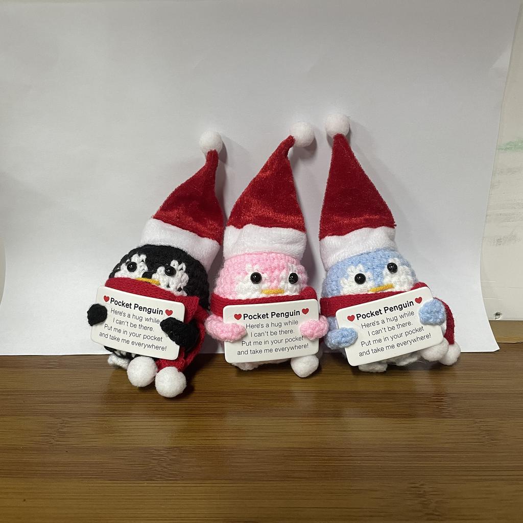 Handmade Knitted Positive Energy Penguin Dolls Ornament Fashion Christmas Hat Penguin Doll With Card Room Home Decoration Gifts