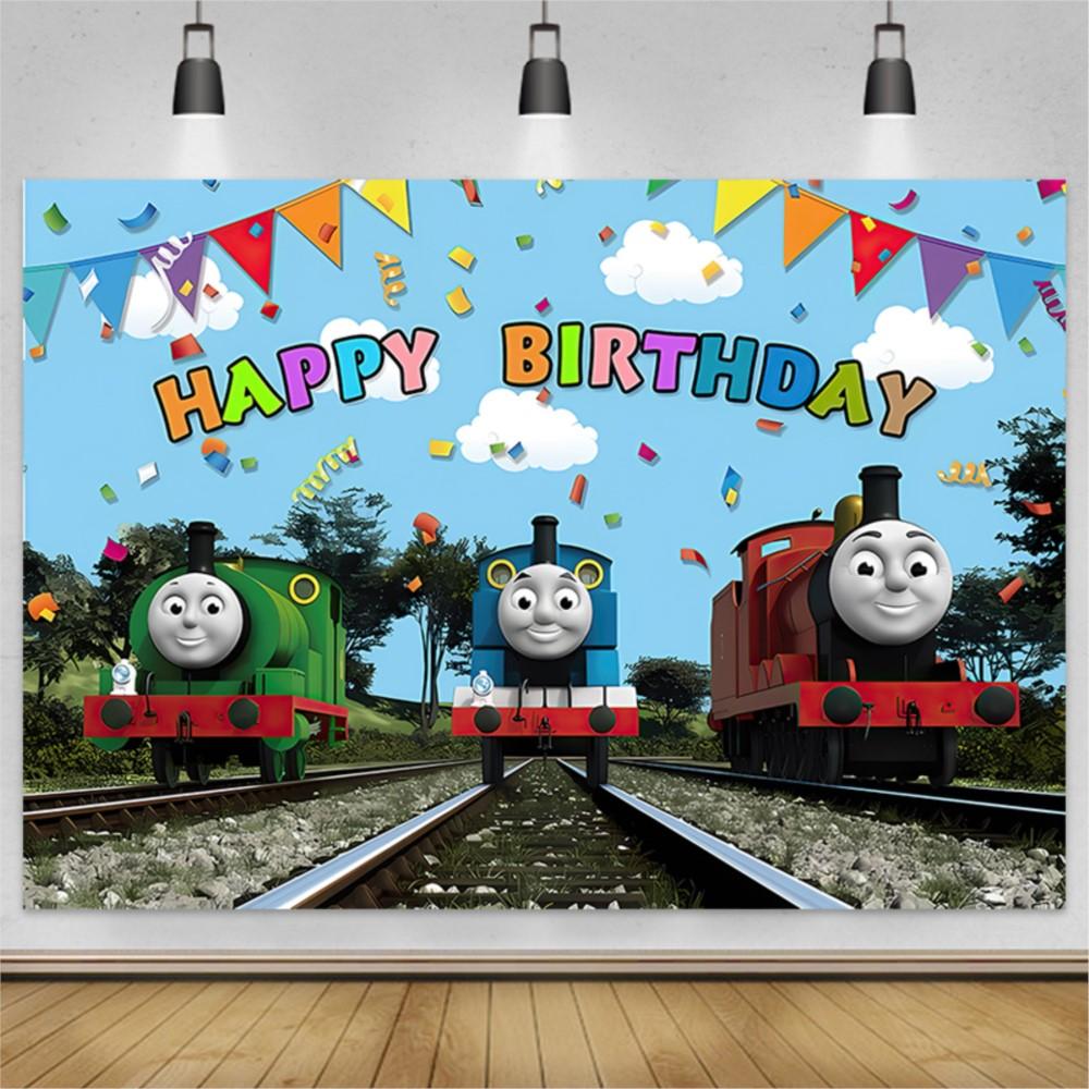 Thomas train themed birthday background for kids, banner with toy and friend train, vinyl backdrop, photo accessories, Baby Shower.