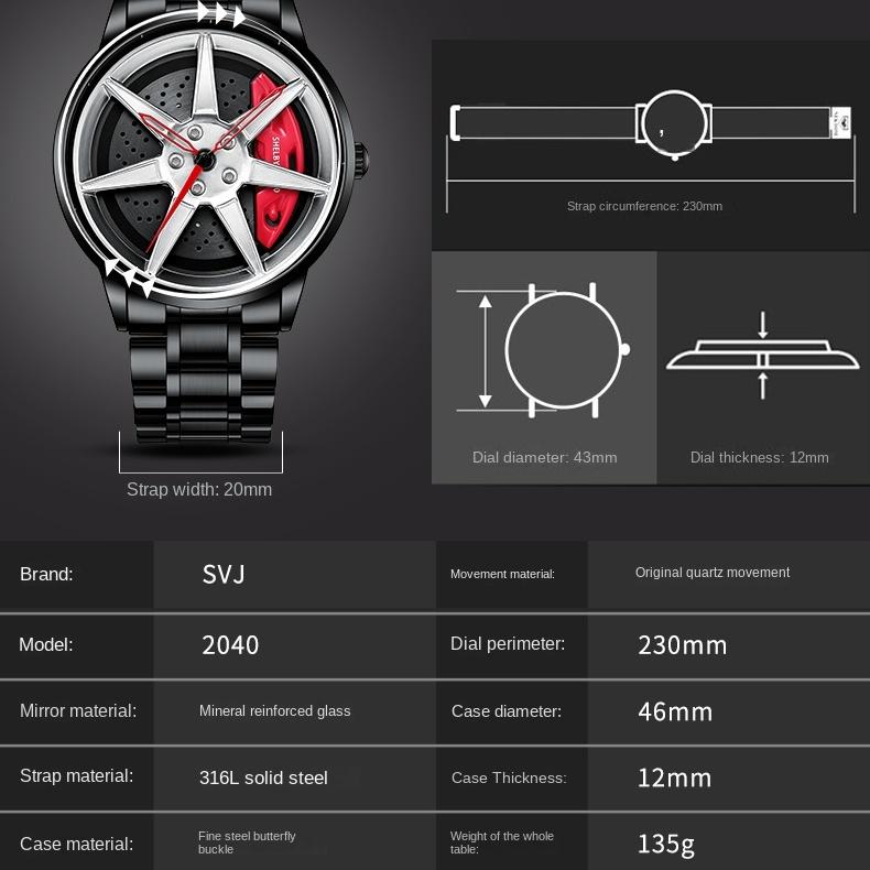 SVJ оригинальные часы-ступица с колесом, мужские GT500, вращающийся трехмерный полый циферблат, модификация автомобиля, таблица культурной концепции