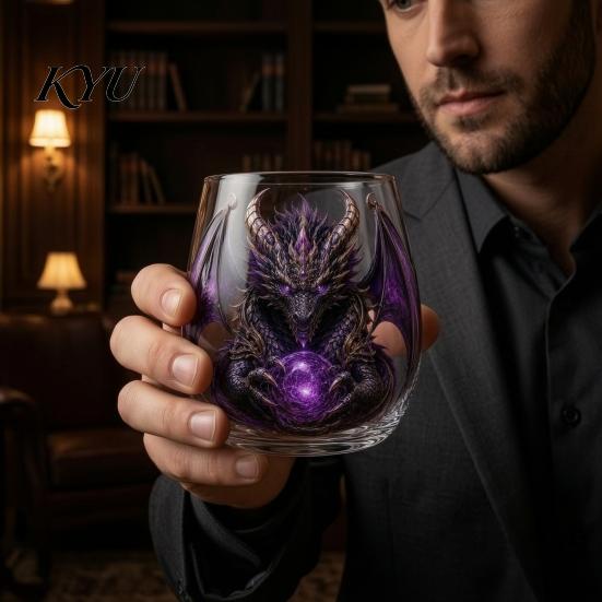 Fantasy Themed Drinking Cups Mythic Dragon Glass Art Cup, 3D Sculpted with Crystal Ball, Novelty Gifts 400ml Whiskey Tumbler for Bourbon Cocktails,