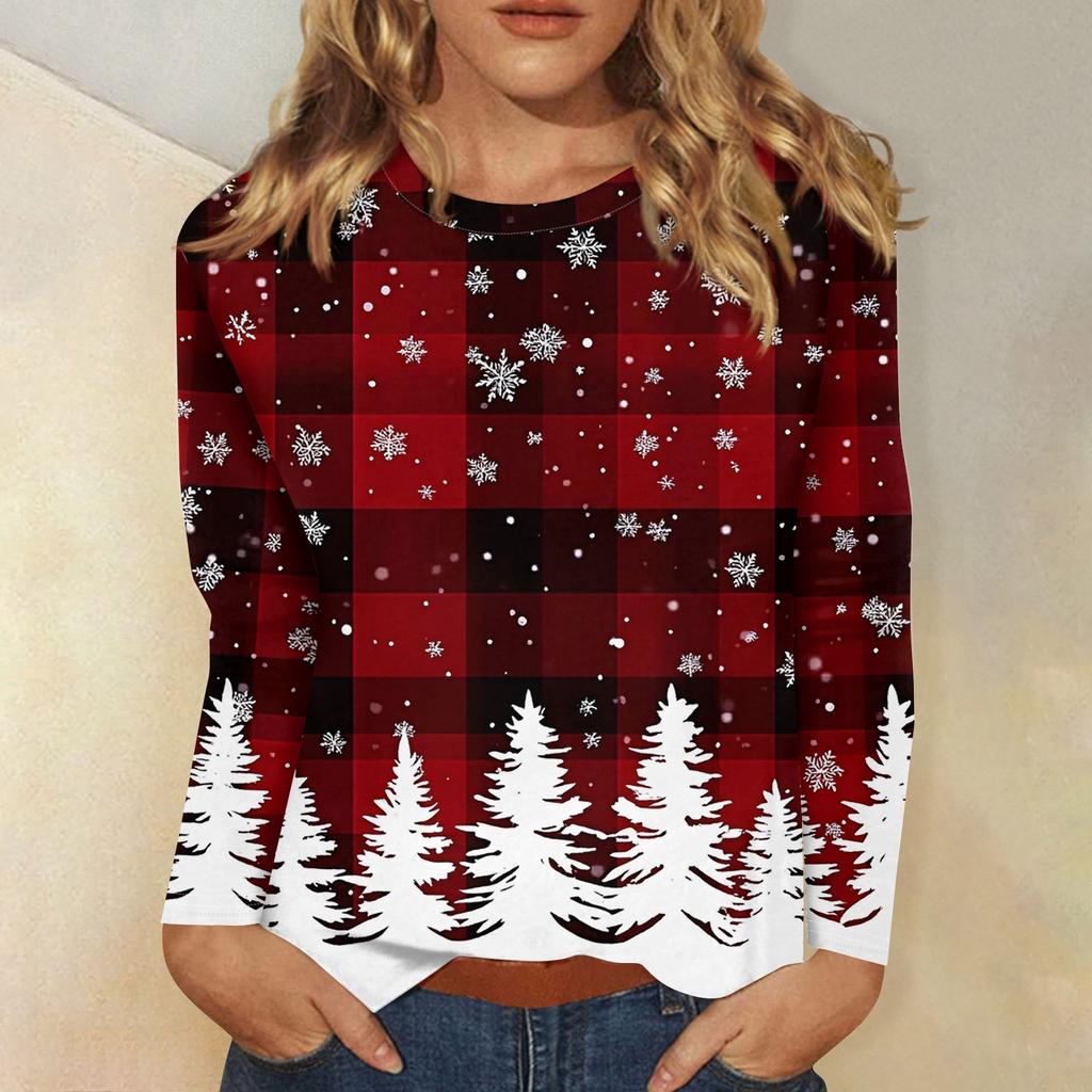 Рубашки с длинным рукавом для женщин Милые принты Футболки Блузки Повседневные Большие размеры Базовые топы Пуловеры Рождественские