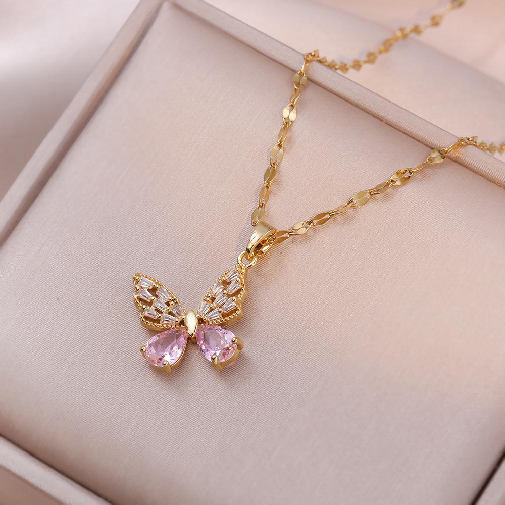 Full Zirconium Butterfly Pendant Stainless Steel Necklace Women's Simple and Versatile Necklace