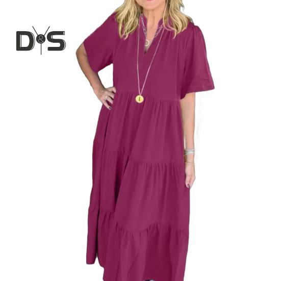 Женское платье миди с V-образным вырезом, летнее повседневное платье макси с коротким рукавом, струящееся многоярусное пляжное платье в стиле бохо для отпуска