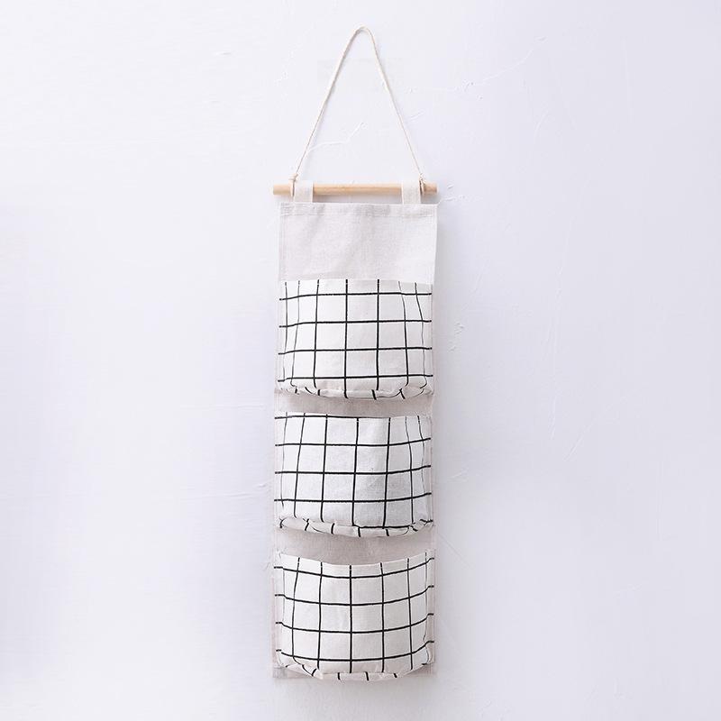 Three Pockets Hanging Wall Storage Bag Household Bedroom Living Room Kitchen Cotton Linen Storage Bag