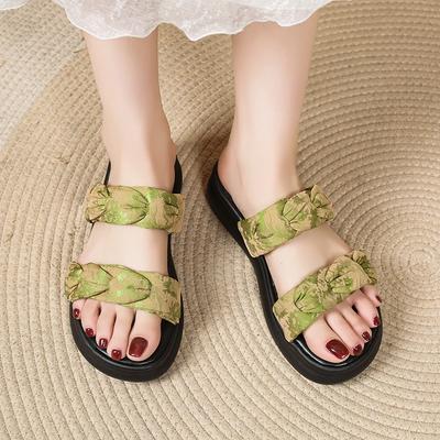 Женские вышитые пляжные шлепанцы, уличные сандалии на мягкой подошве, противоскользящие, с подъемной платформой, модные тапочки с толстой подошвой