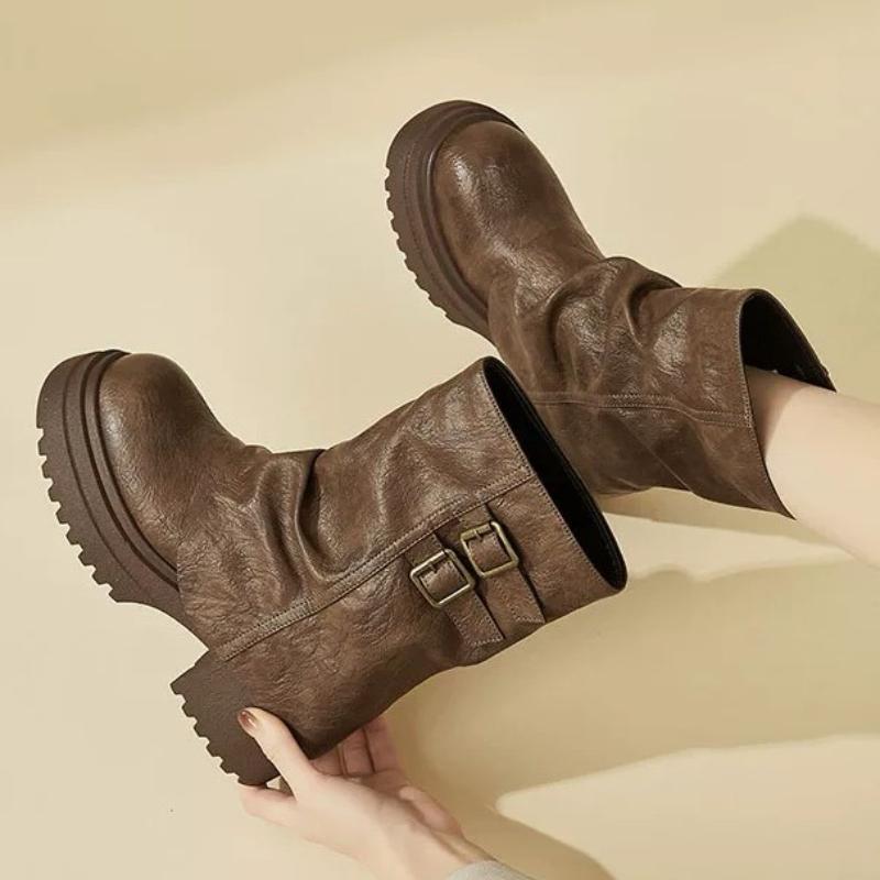 Женские ботильоны на платформе, массивные туфли, элегантные, зима 2025, новые, плиссированные челси из кожи, женские туфли-лодочки для вечеринки, боты