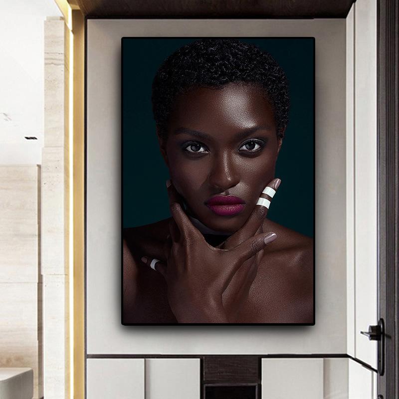 Черная африканская обнаженная женщина с красной помадой, картина маслом на холсте, постеры и принты, настенная картина Cuadros для декора гостиной