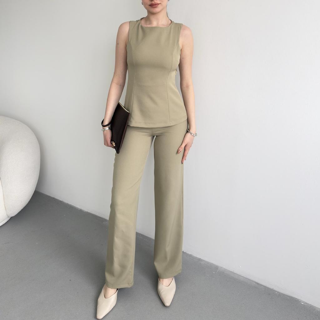European and women's clothing new round neck sleeveless lace-up waist halter top high waist straight pants set