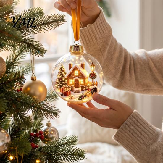 Hanging Ornaments for Tree Lighted Christmas Ball Ornaments, 3D Miniature Scene with Warm LED Indoor Party Supplies Light, Clear Acrylic Bauble