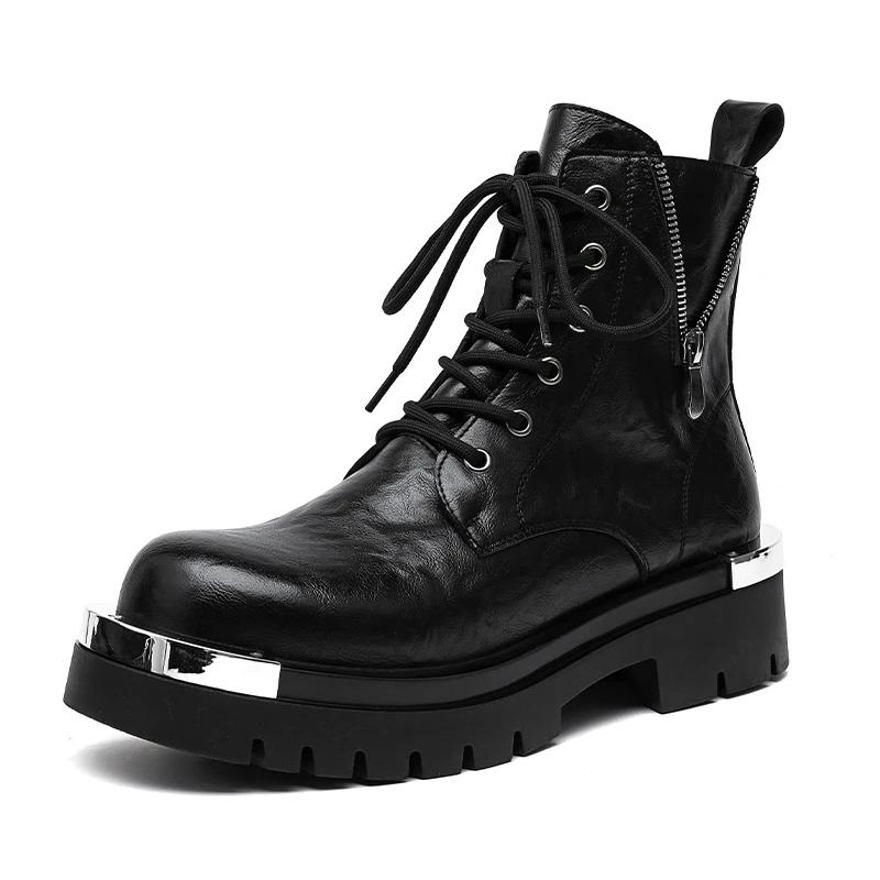 Модная Высококачественная Мужская Повседневная Кожаная Обувь на Толстой Подошве Модная Уличная Нескользящая Дизайнерская Обувь с Высоким Голенищем Рабочие Ботильоны Мотоциклетная Обувь