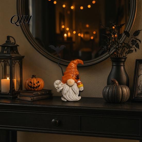 Spiders Bats Pumpkin Figurines Halloween Gnome Figurine, Small Resin Dwarf Table Decoration, Spooky Yard Decoration Bat Skull Statue for Tiered Tray,