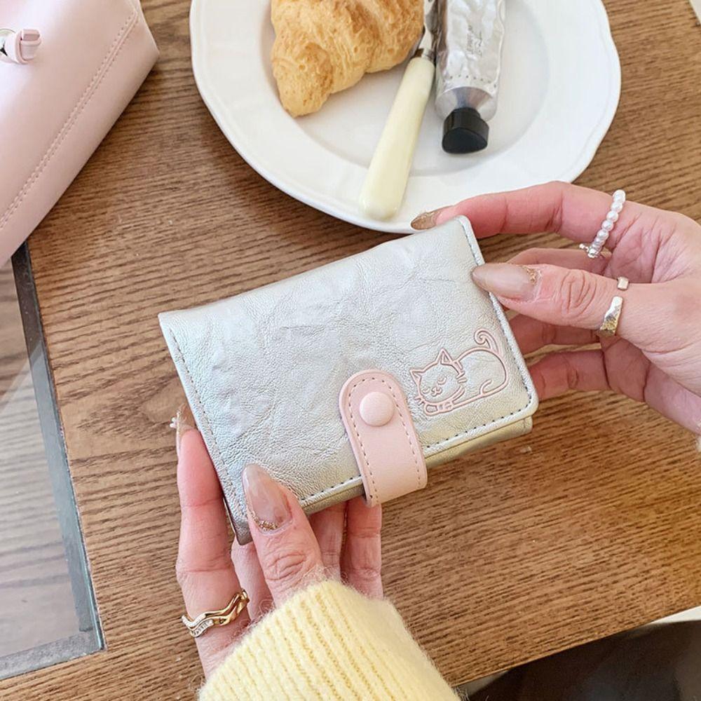 Милый Короткий Кожаный Кошелек PU Кожаный Трехскладной Кошелек Универсальный Кошелек с Принтом Кошки Для Девочек