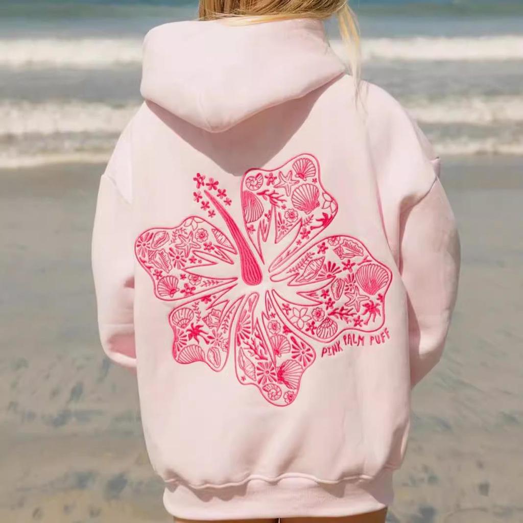 Women's 2025 Hibiscus Print Ribbed Hoodie with Drop Shoulder