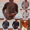 Men's Linen Casual Loose V-neck Washed and Worn Long-sleeved Shirt with Raw Edges