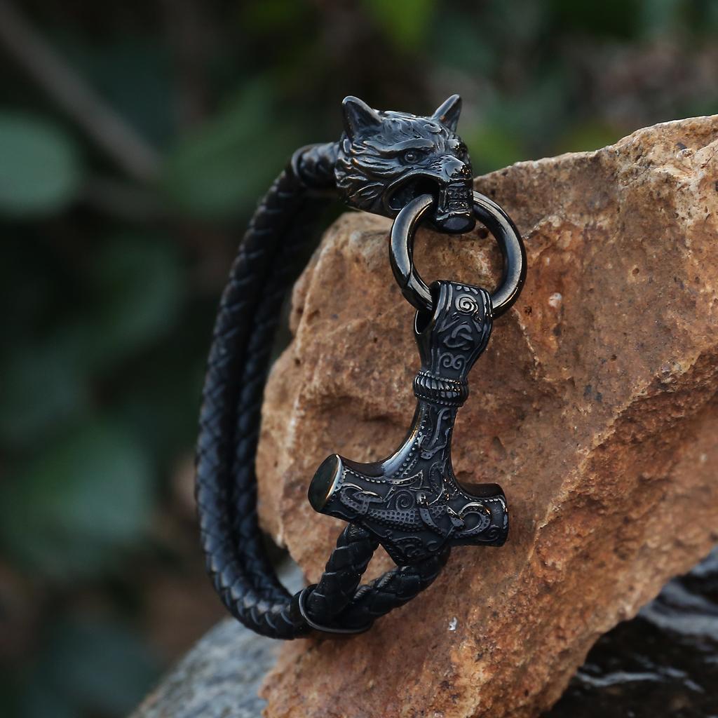 Mens Fashion Jewelry Genuine Leather Wristband Bracelet Norse Myth God Viking Thor Hammer Bracelet Jewelry