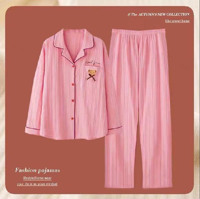 Женский комплект пижамы большого размера из хлопка - Кардиган с длинным рукавом, Двухпредметный, Идеально подходит для осени/весны