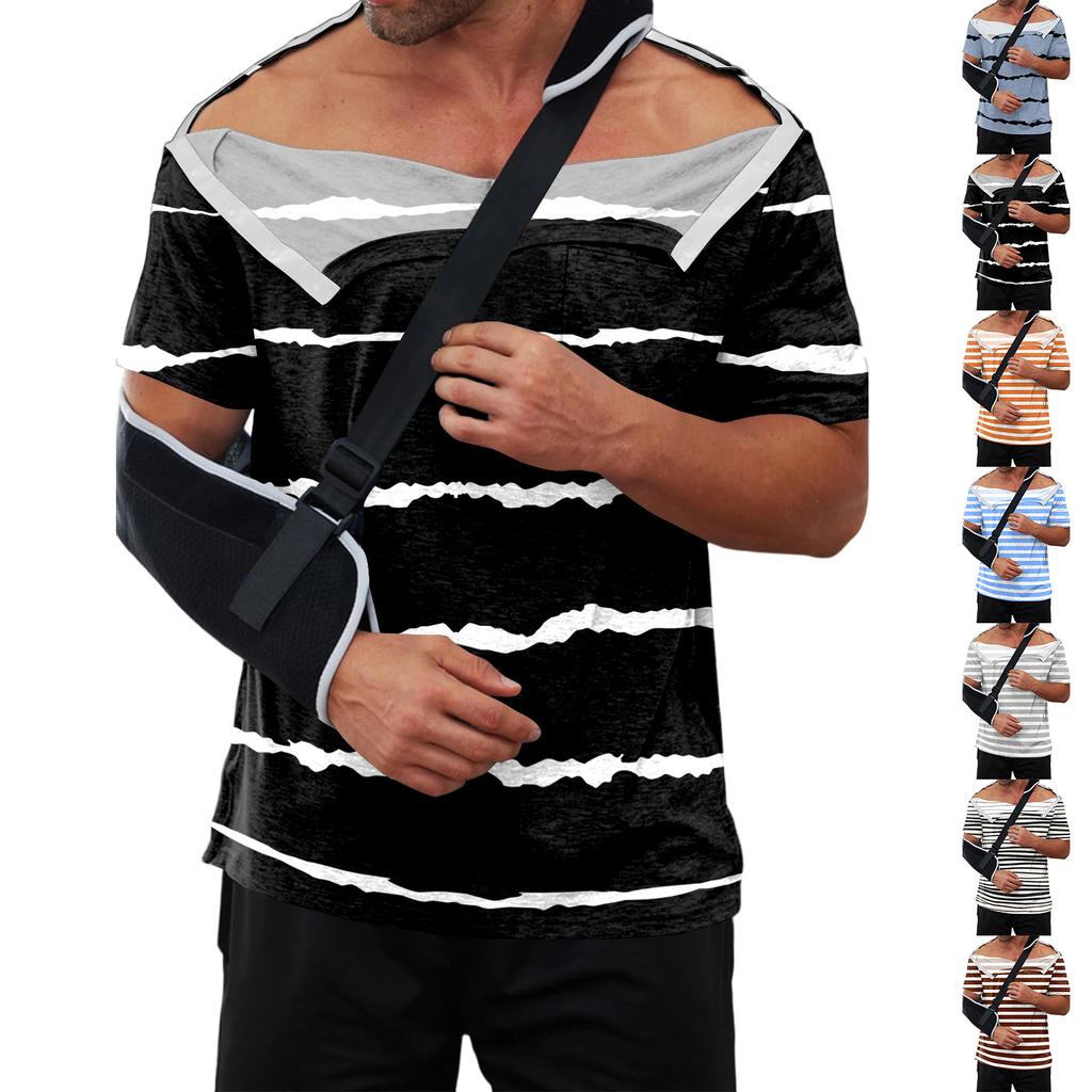 Men Recovery Shirt Striped Print Short Sleeve Full Open Front Closure Design Easy Dressing Top
