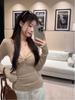 Женская зимняя slimming футболка с V-образным вырезом, скрученной складкой и длинным рукавом