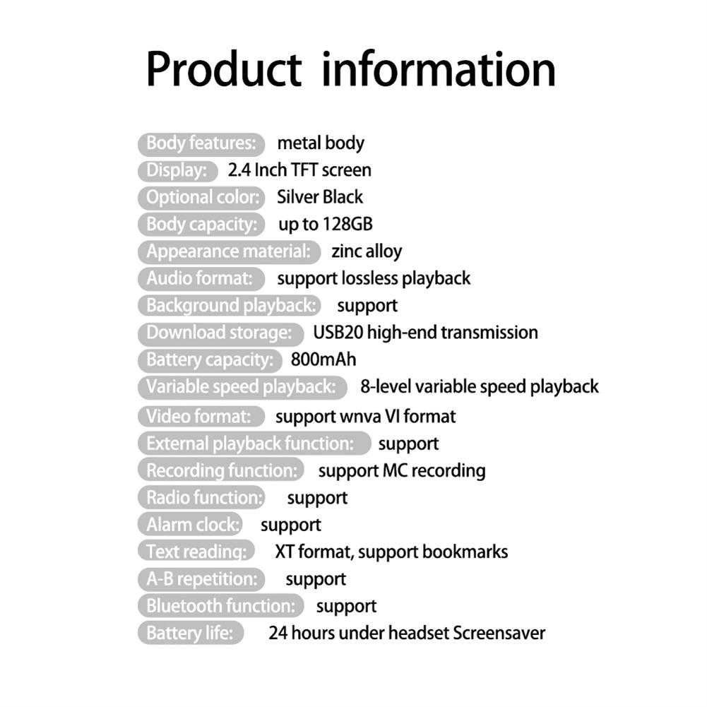 Bluetooth-совместимый Mp3-плеер без потерь 5.0, 2,4-дюймовый экран, Hi-Fi аудио, FM/электронная книга/рекордер/mp4-видеоплеер