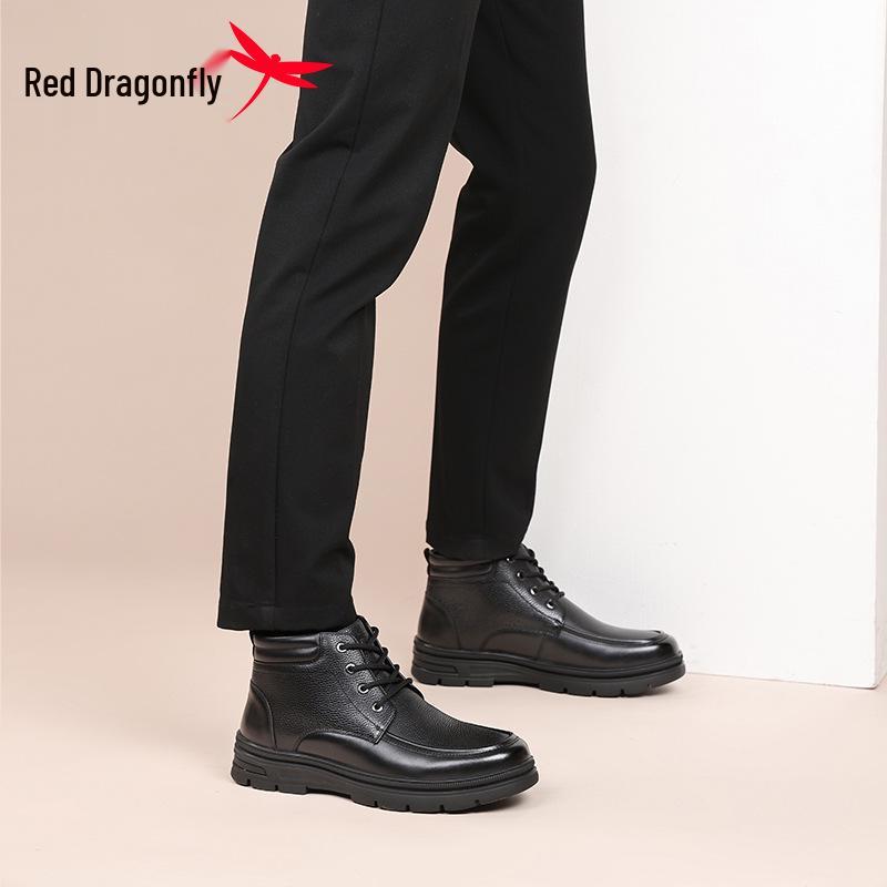 Мужские зимние кроссовки Red Dragonfly с высоким верхом из кожи - На толстой плюшевой подкладке, из коровьей кожи, повседневный стиль для пап.