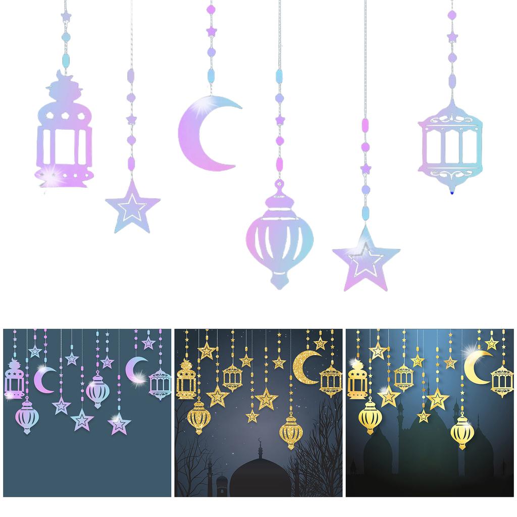 6Pcs Eid Mubarak Islamic Muslims Party Supplies Glittering Banners Star Moon Hanging Ornaments Ramadans Festival Decors