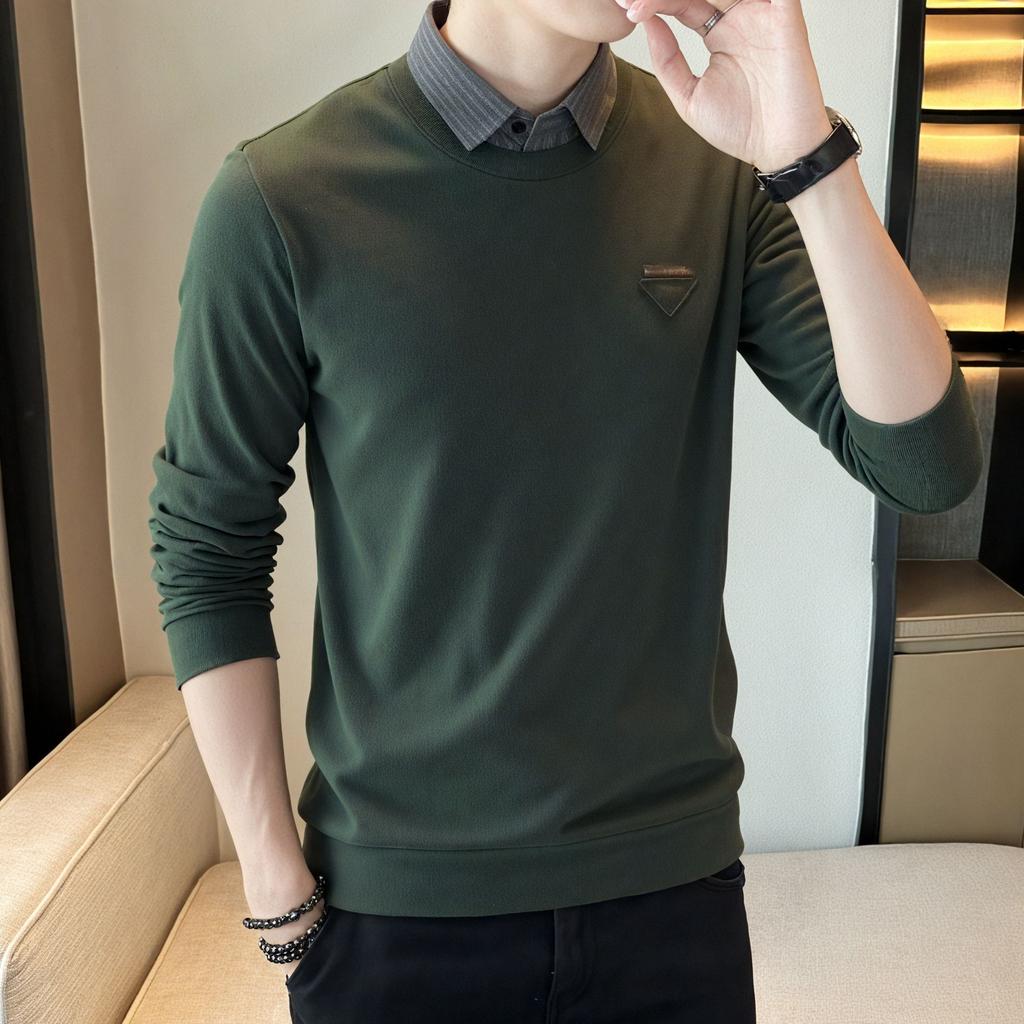 Осенний свитшот мужской с длинным рукавом, модный топ с воротником-рубашкой из двух частей, новая футболка, базовая футболка, наряд для папы