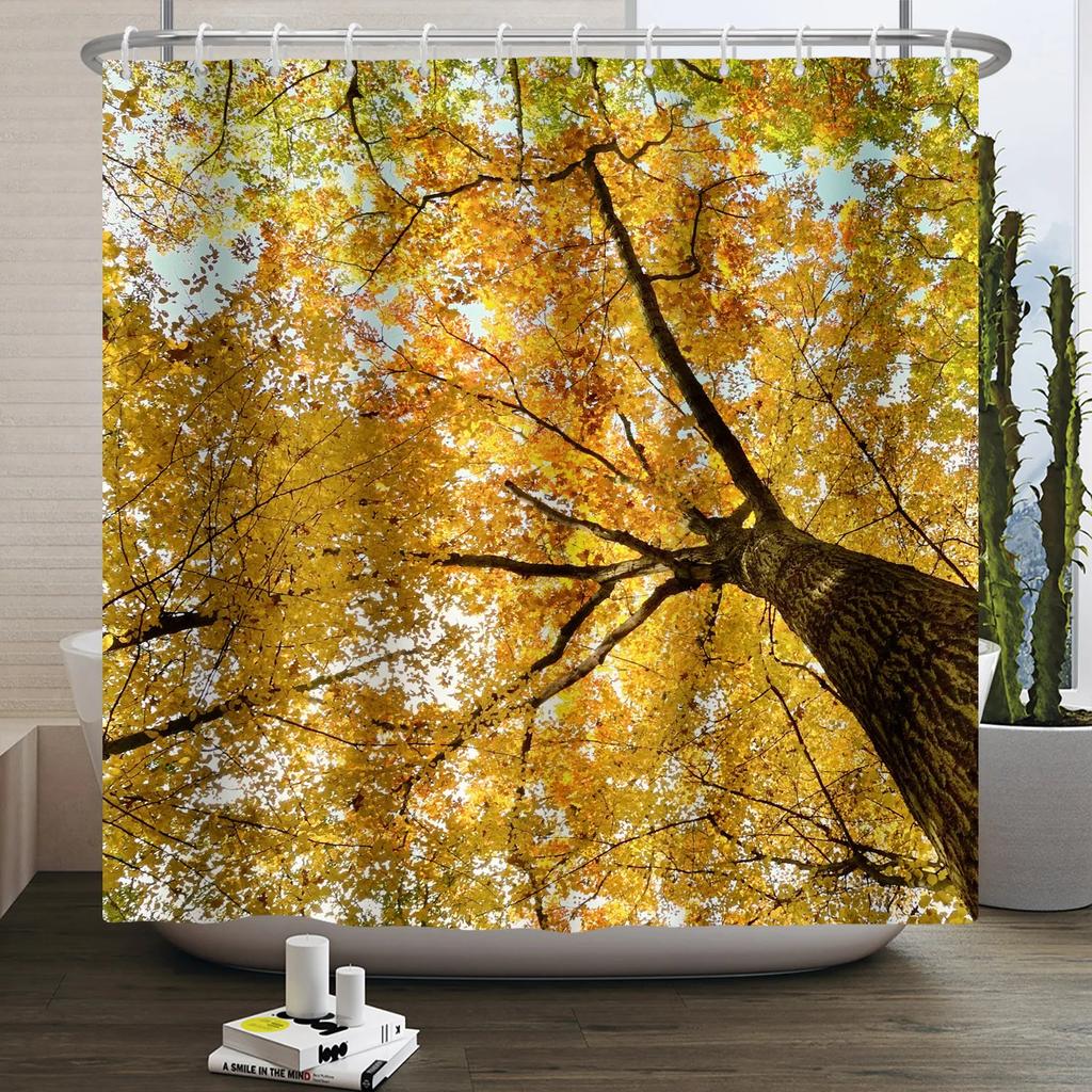 Autumn Forest Maple Shower Curtain Natural Jungle Leaves Pumpkin Fall Bathroom Shower Curtain Waterproof Shower Curtain Decor