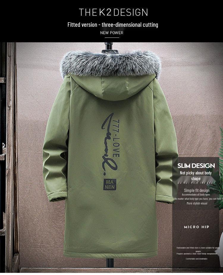 Men's Winter Fleece-Lined Hooded Mid-Length Printed Cotton Coat - Trendy & Warm Casual Jacket