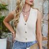 Женский укороченный свитер-жилет с V-образным вырезом на пуговицах, летний повседневный трикотажный кардиган без рукавов для девочек-подростков