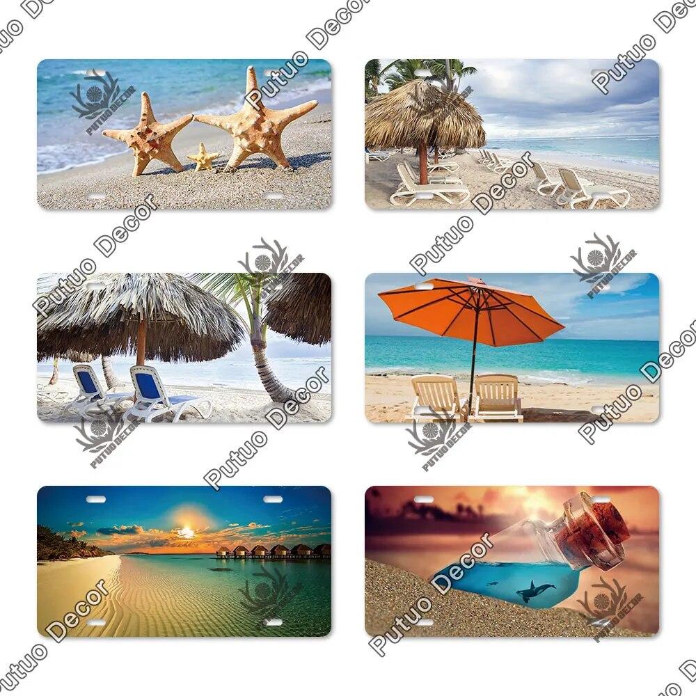 Putuo Decor Beach Licenses Plate Vintage Tin Sign Plaque Metal Car Plate for Living Room Door House Home Wall Art Decor