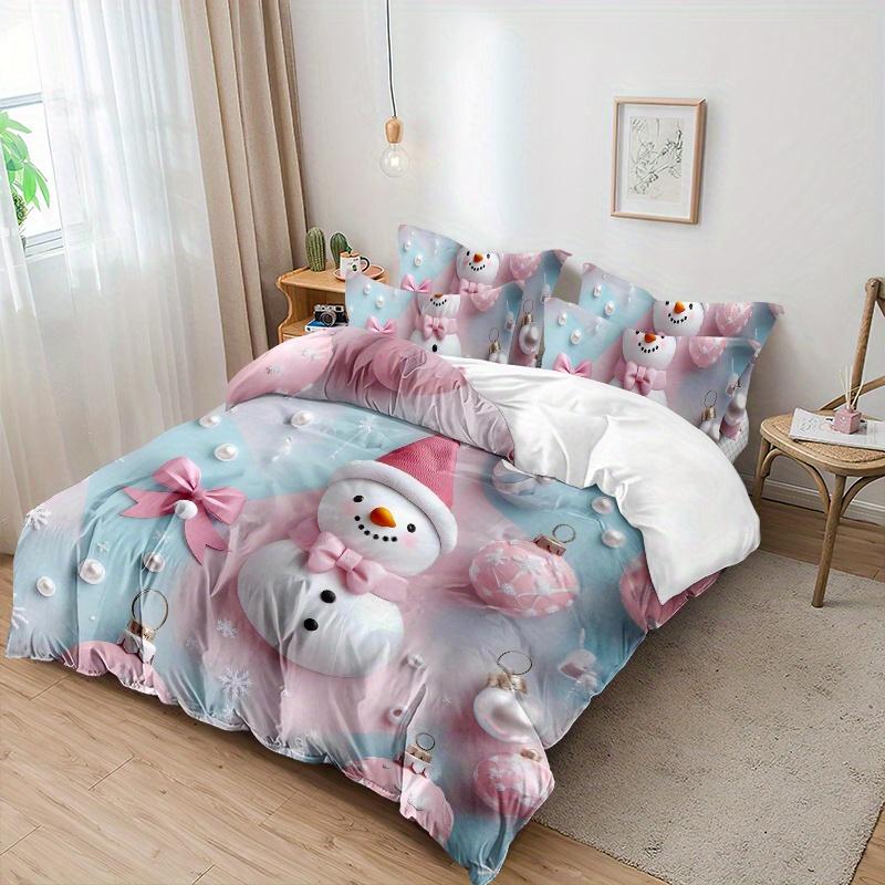 3pcs Cute Christmas Snowman Bedding Set Christmas Ball Snowman Snowflakes Pattern Duvet Cover Set (1*Duvet Cover + 2*Pillowcase