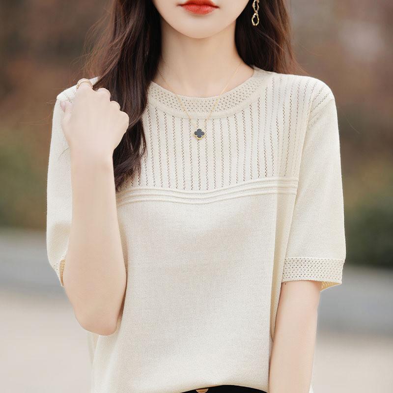 Ice Silk Short Sleeve T Shirt With Knitted Hollow Design For Summer Casual Women