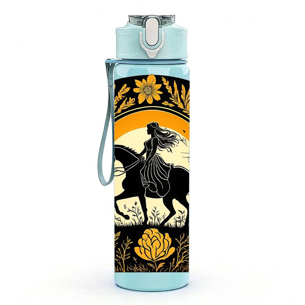 1PC Cowboy Horse Vintage Badge Print 750ml Color Plastic Sports Water Bottle Leakproof Flip Straw Lid Suitable for Sports Office Home Use