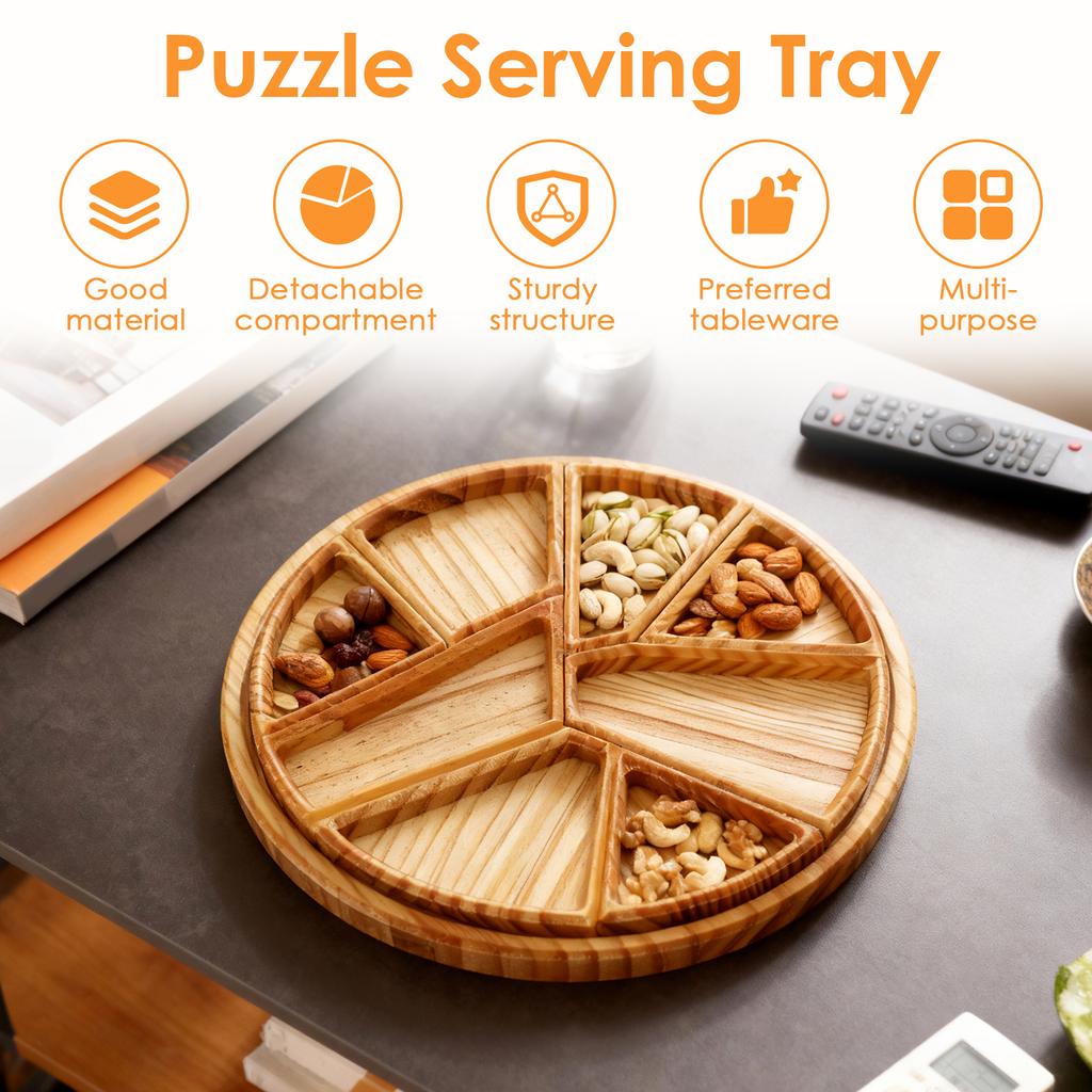 Puzzle Serving Tray with 8 Removable Compartment Wooden Divided Tray Food Platter for Fruit Dessert Nut Snacks