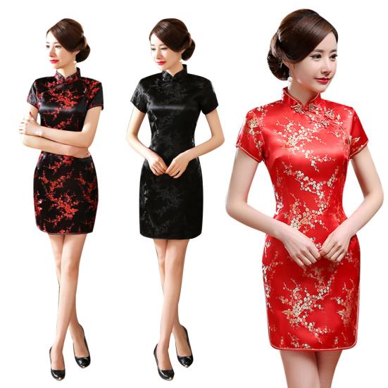Китайское женское мини-вечернее платье подружки невесты с короткими рукавами и разрезом сливы