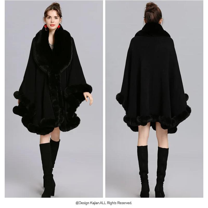 Oversize Winter Big Faux Fox Fur Neck Plus Size Poncho Out Streetwear Women Cloak Pashmina Batwing Sleeves Shawl Coat