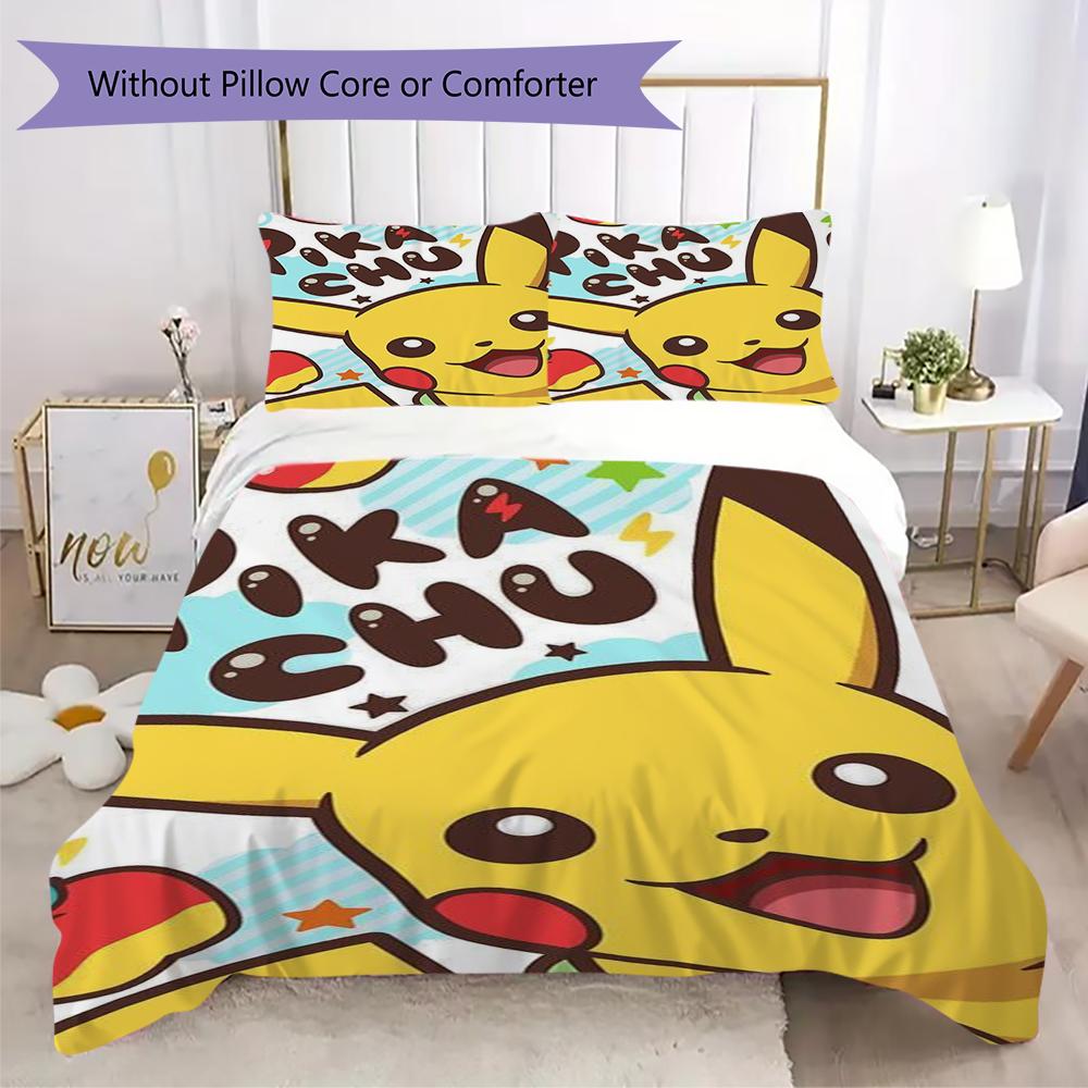 pokemon Pattern Bedding uilt Set uilt Cover Pillowcase Home Decoration Birthday Gift (1 * duvet cover + 2 * pillowcase without core)