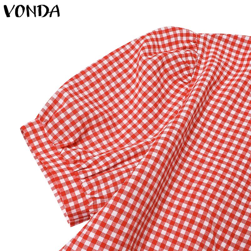VONDA Женская летняя блузка с круглым вырезом и коротким рукавом, свободная клетчатая блузка