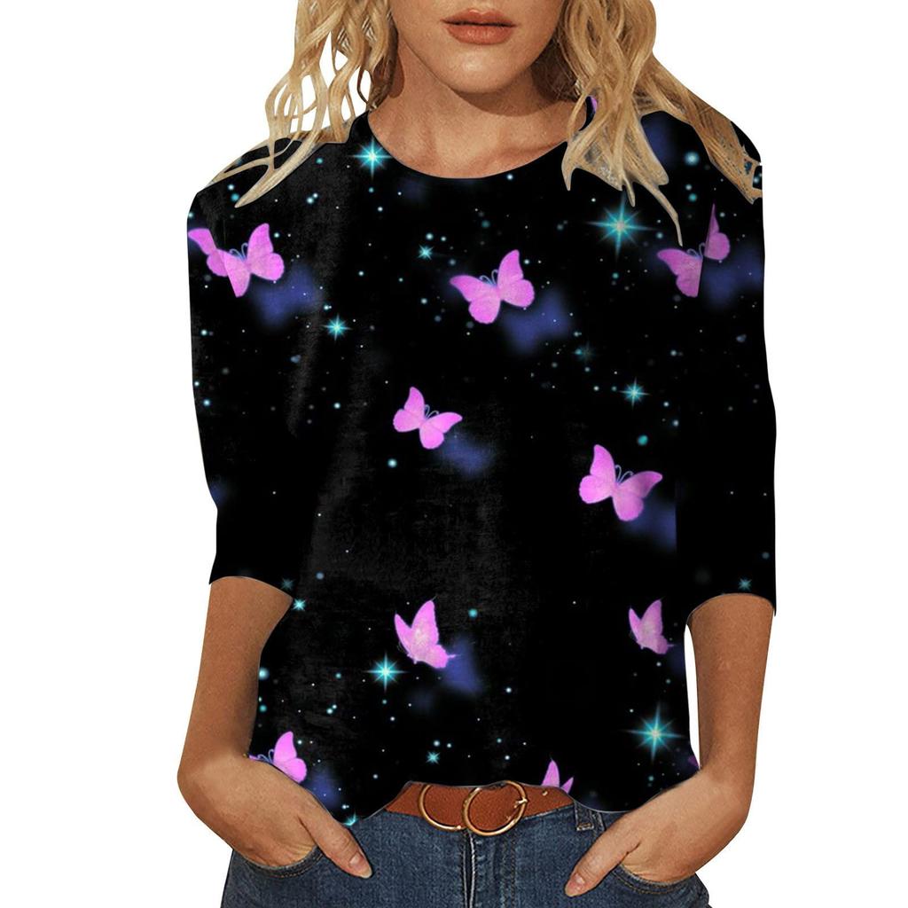 Круглый вырез с принтом в виде 3D-бабочки, модные повседневные женские футболки с длинными рукавами