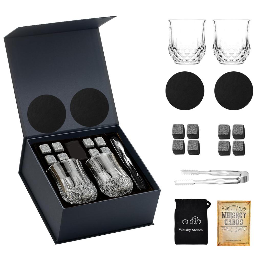 Manufacturer's Bestseller Premium Bar Accessories Whiskey Glass Set 2 Glasses 8 Stone Wooden Box Granite Ice Stone for Various