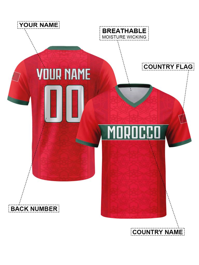 Custom Morocco Football Jersey Personalized Name Number V-neck Soccer Team Shirt for Men Women Kids